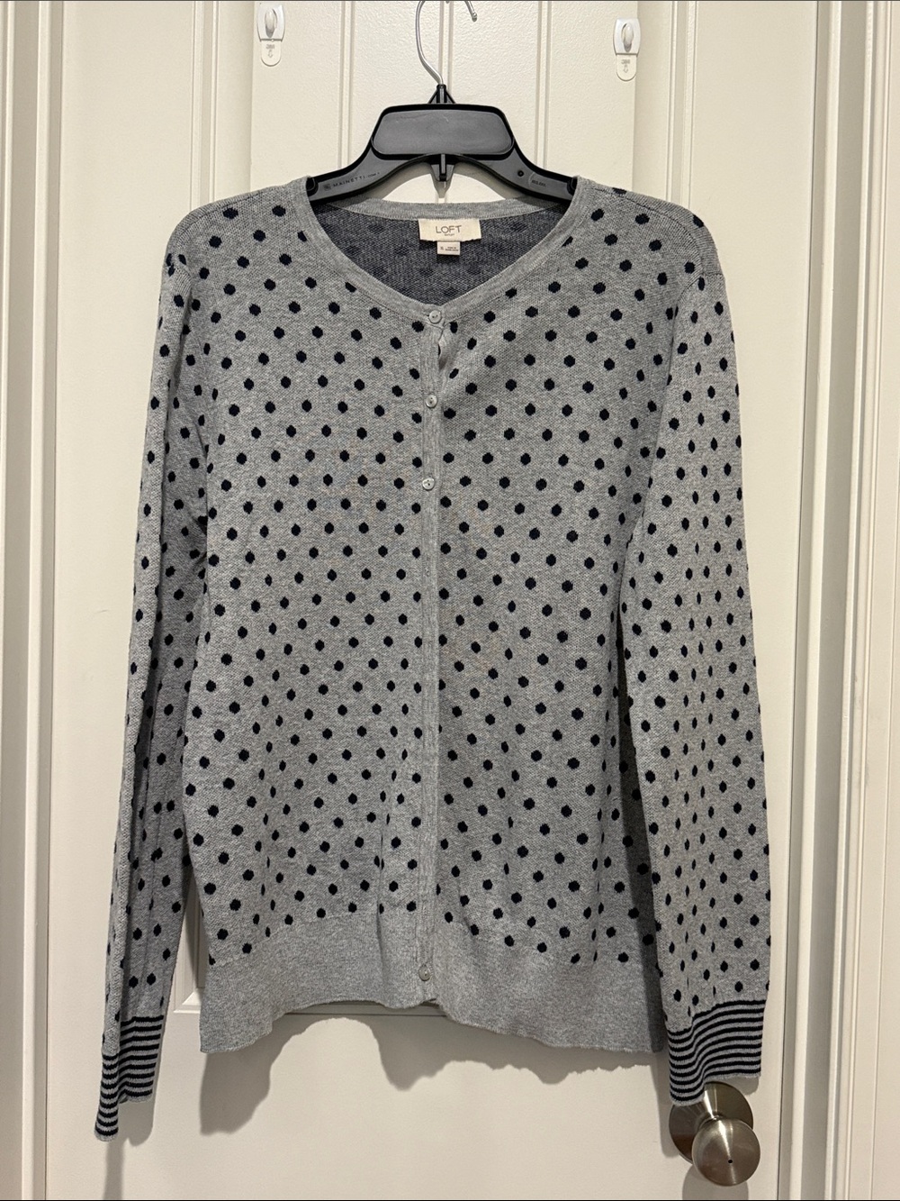 LOFT Gray Cardigan with Black Polka Dots